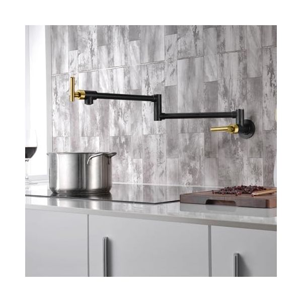 SUMERAIN Pot Filler Faucet Wall Mount Kitchen Faucet Black and Gold Double Joint Swing Arms