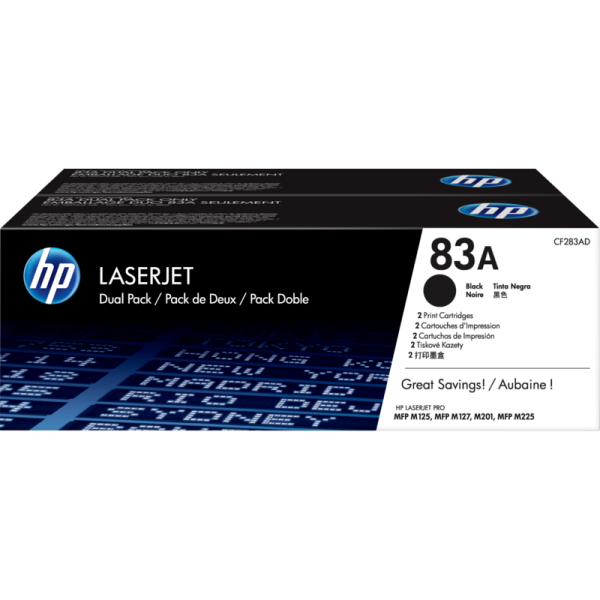 HP 83A 2-pack Black Original LaserJet Toner Cartridges (CF283AD)