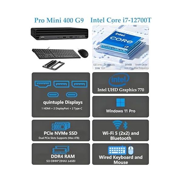 HP Pro Mini 400 G9 Business Desktop PC | Intel 12-Core i7-12700T | 32GB DDR4 RAM