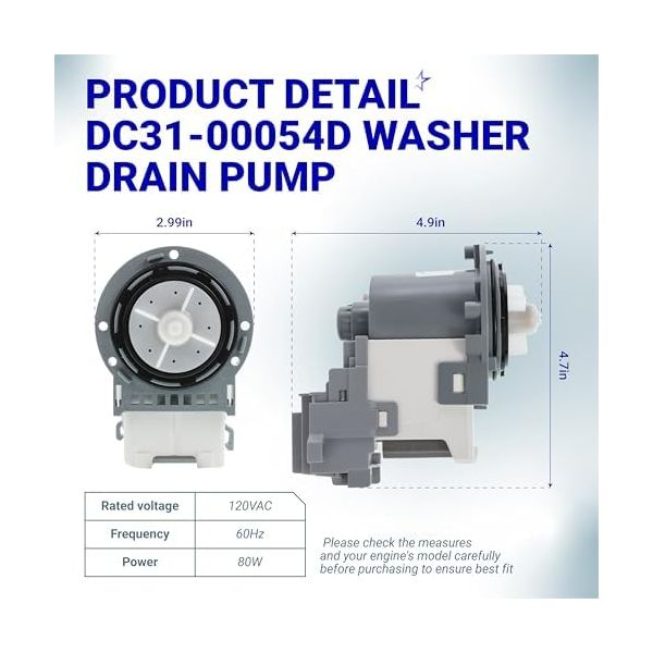 [UPGRADED] DC31-00054D PX3516-01 DC31-00187A Washer Drain Pump Motor For Samsung WF42H5000AW/A2, WF42H5200AW/AP//AF/A2, WV60M9900AV/A5, WA40J3000AW/AA, WA45H7000AW/A2, WF431ABP XAA-01, WF520ABP XAA-07