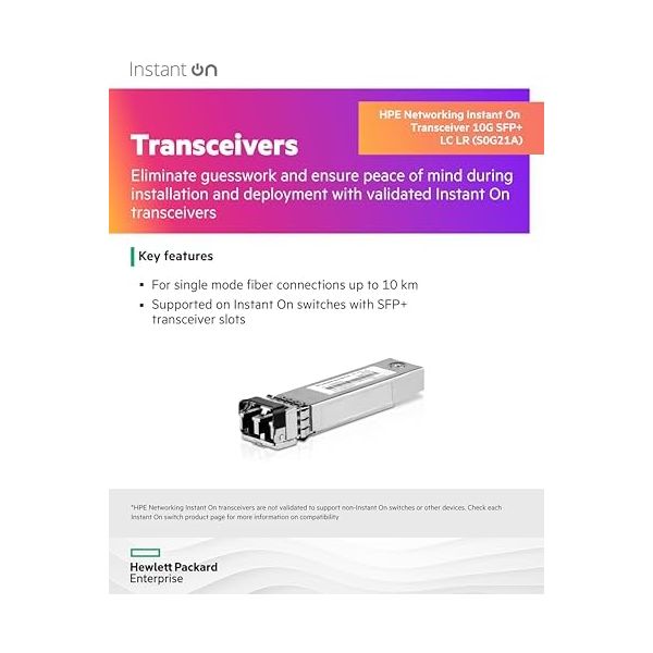 HPE Networking Instant On 10G SFP+ LC LR Transceiver for Single Mode Fiber Connections Up to 10 Km (S0G21A)