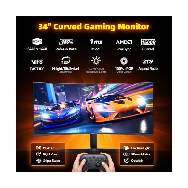 34 Inch Ultrawide Gaming Monitor - 21:9 WQHD 3440 x 1440 R1500 Curved Computer Monitor for Gamer
