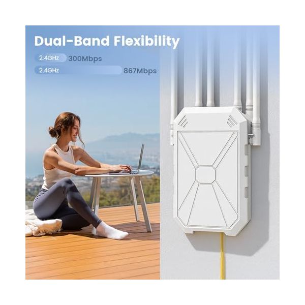 AC1200 Outdoor WiFi Extender, 5GHz and 2.4GHz Long Range Outdoor WiFi Extender Signal Booster with 6 Antennas, Outdoor WiFi Access Point, IP67 Weatherproof, Passive PoE, for Starlink, Camping, Yard