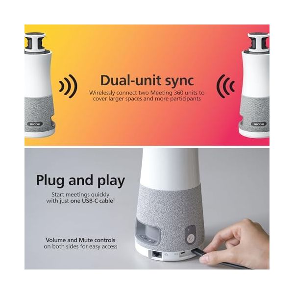 RICOH Meeting 360-360° Conference Room Camera - AI-Powered - Active Speaker Focus - USB-C Bus Powered - Zoom Certified - Works with Microsoft Teams