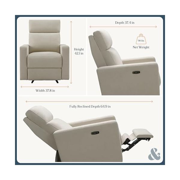 Nurture& The Glider Premium Power Recliner Nursery Glider Chair with Adjustable Head Support | Designed with a Thoughtful Combination of Function and Comfort | Built-in USB Charger (Ivory)