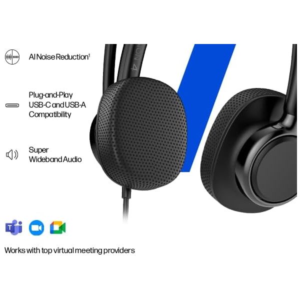 HP Poly Mission 420 USB Stereo Headset - USB-C & USB-A Plug-and-Play - AI Noise-Reducing & Adjustable Boom Mic - Inline Controller - Over-Ear Design - TCO Certified (C01B8AA)