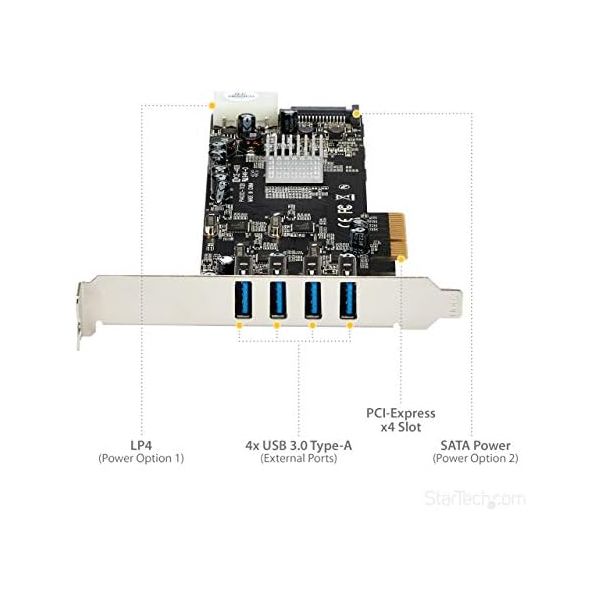 StarTech.com 4 Port USB 3.0 PCIe Card w/ 4 Dedicated 5Gbps Channels (USB 3.2 Gen 1) - UASP - SATA / LP4 Power - PCI Express Adapter Card (PEXUSB3S44V)
